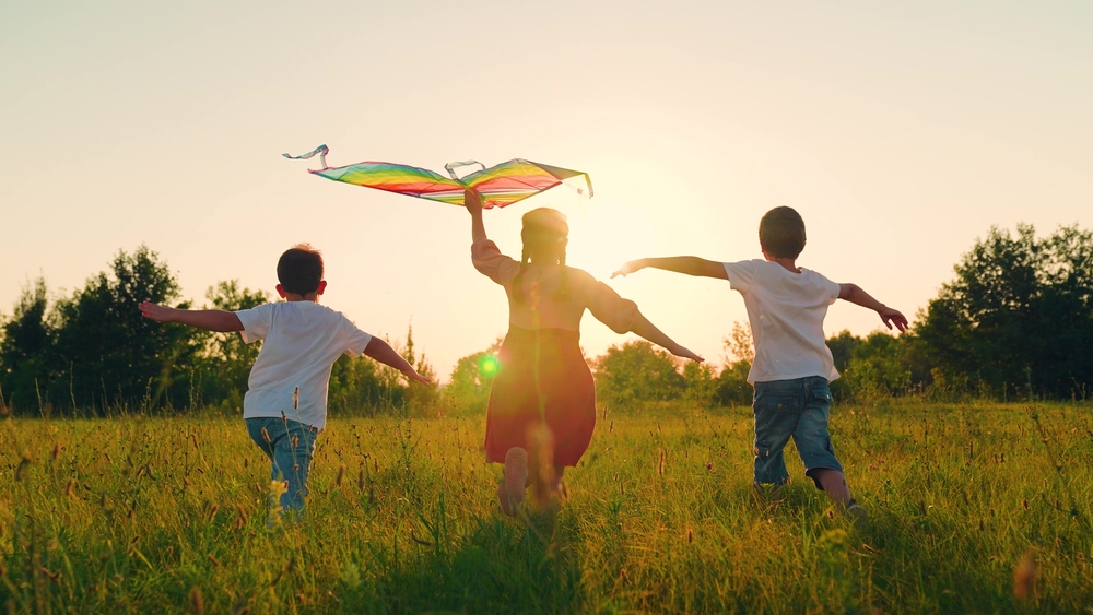 Children,toy,plane.,kite,flies,in,hands,of,child,in