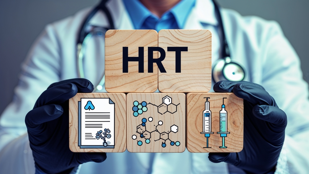 Doctor,holding,wooden,blocks,with,icons,sees,abbreviation,hrt.,hormone