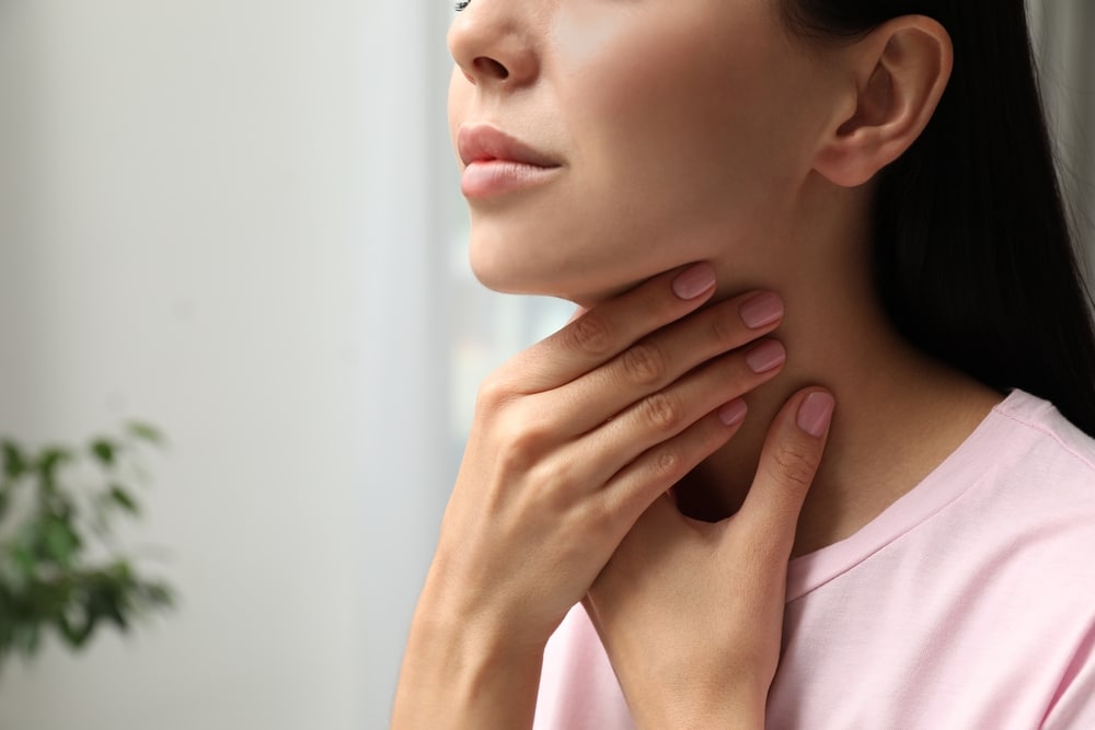 Young,Woman,Doing,Thyroid,Self,Examination,Indoors,,Closeup.,Space,For