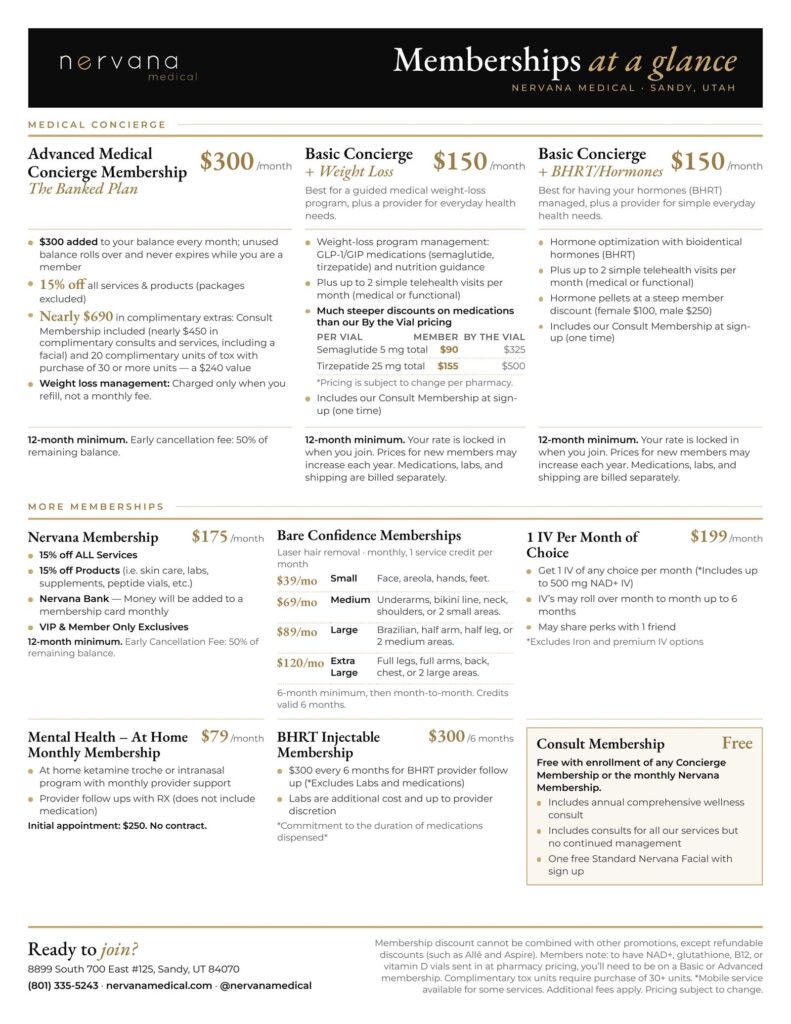 Nervana Medical Memberships at a Glance, Sandy, UT Nervana Medical membership pricing overview in Sandy, UT: Advanced Medical Concierge Membership, The Banked Plan, $300/month; Basic Concierge + Weight Loss $150/month; Basic Concierge + BHRT/Hormones $150/month; Nervana Membership $175/month; Bare Confidence laser hair removal memberships $39 to $120/month; 1 IV Per Month of Choice $199/month; Mental Health At Home Monthly Membership $79/month; BHRT Injectable Membership $300 every 6 months; and the Consult Membership, free with any Concierge Membership or the monthly Nervana Membership.