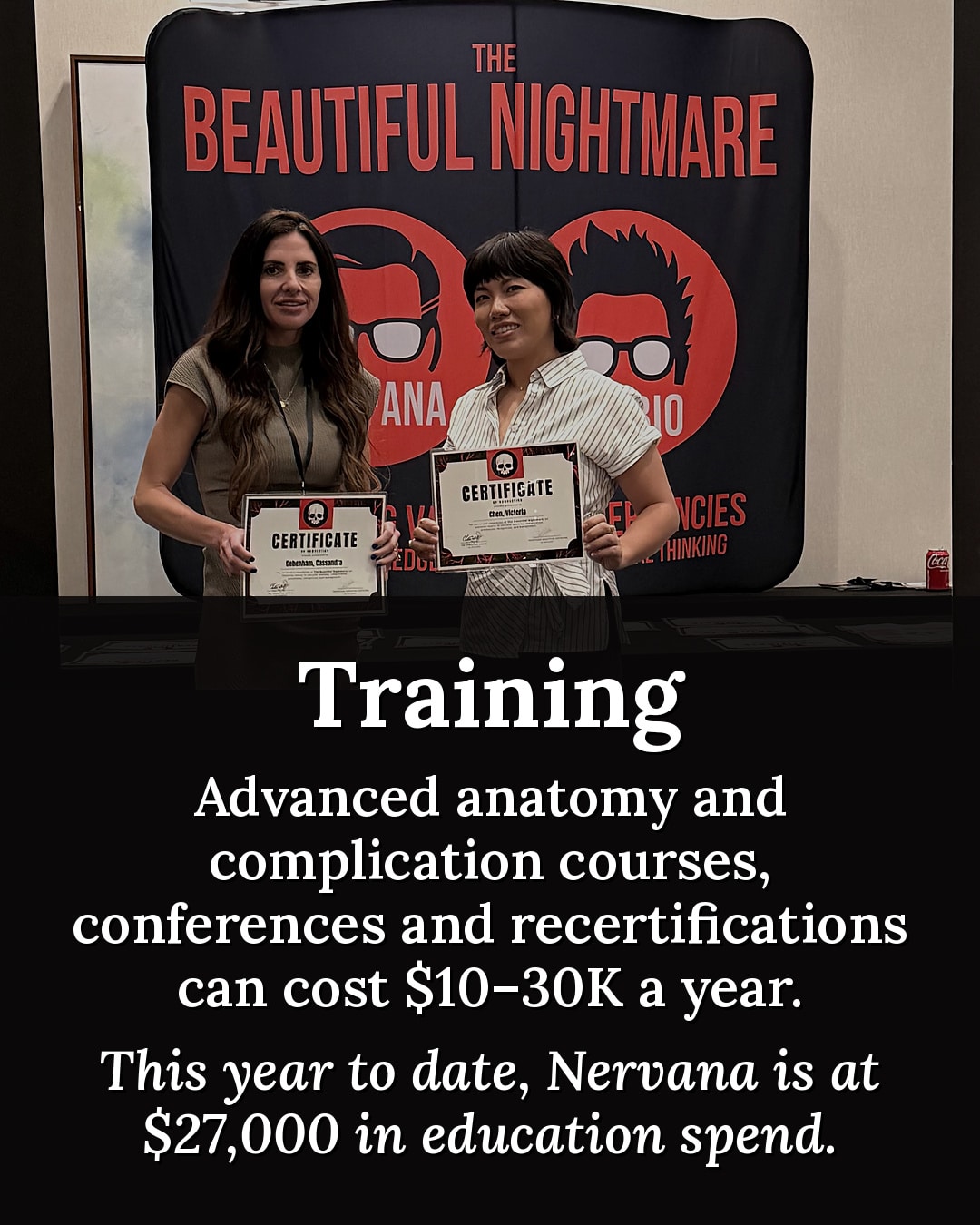 Two clinicians holding training certificates at an aesthetics course, showing the ongoing training behind Botox cost