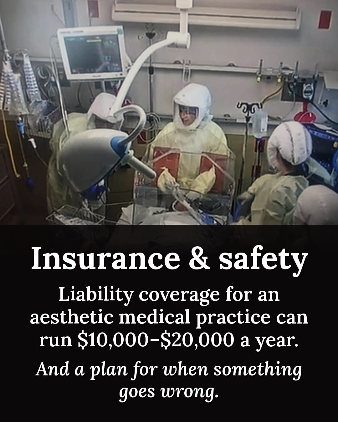 Critical care team in protective gear and a nurse in gloves, with text on insurance and safety behind Botox cost