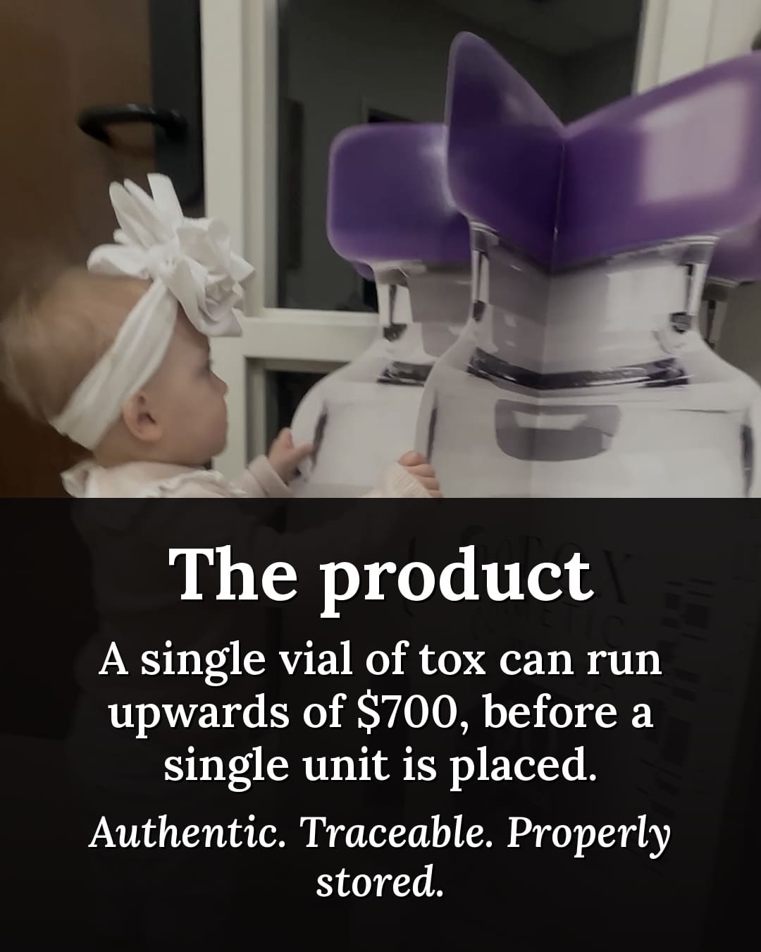 Baby beside clinicians in gowns and masks, with text on authentic, traceable, properly stored product behind Botox cost