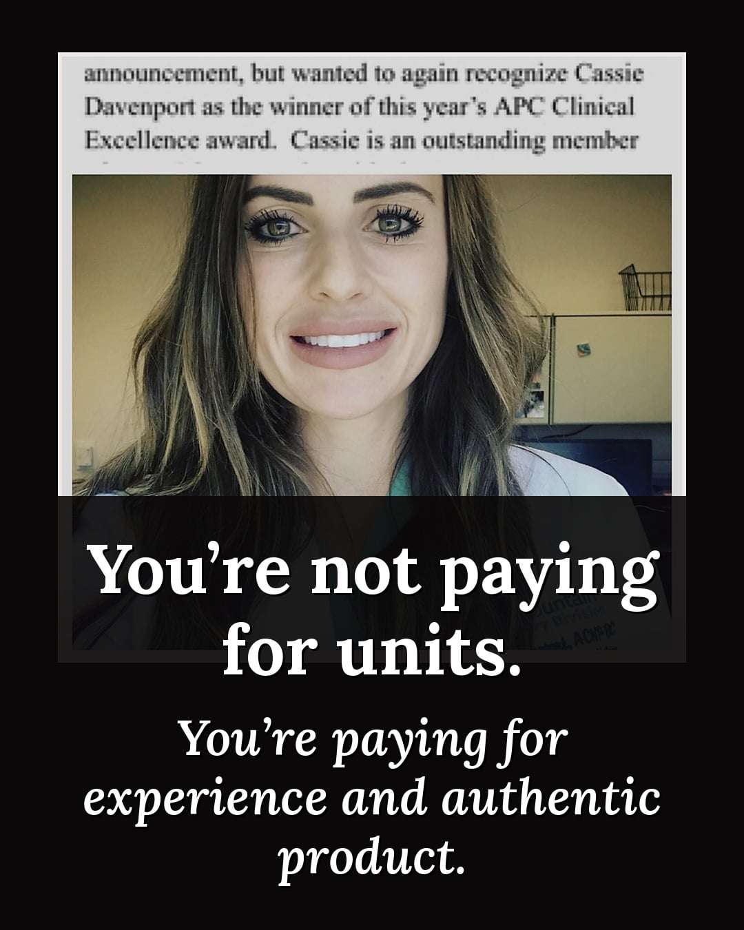 Smiling nurse practitioner with the text 'You're not paying for units' about experience and Botox cost
