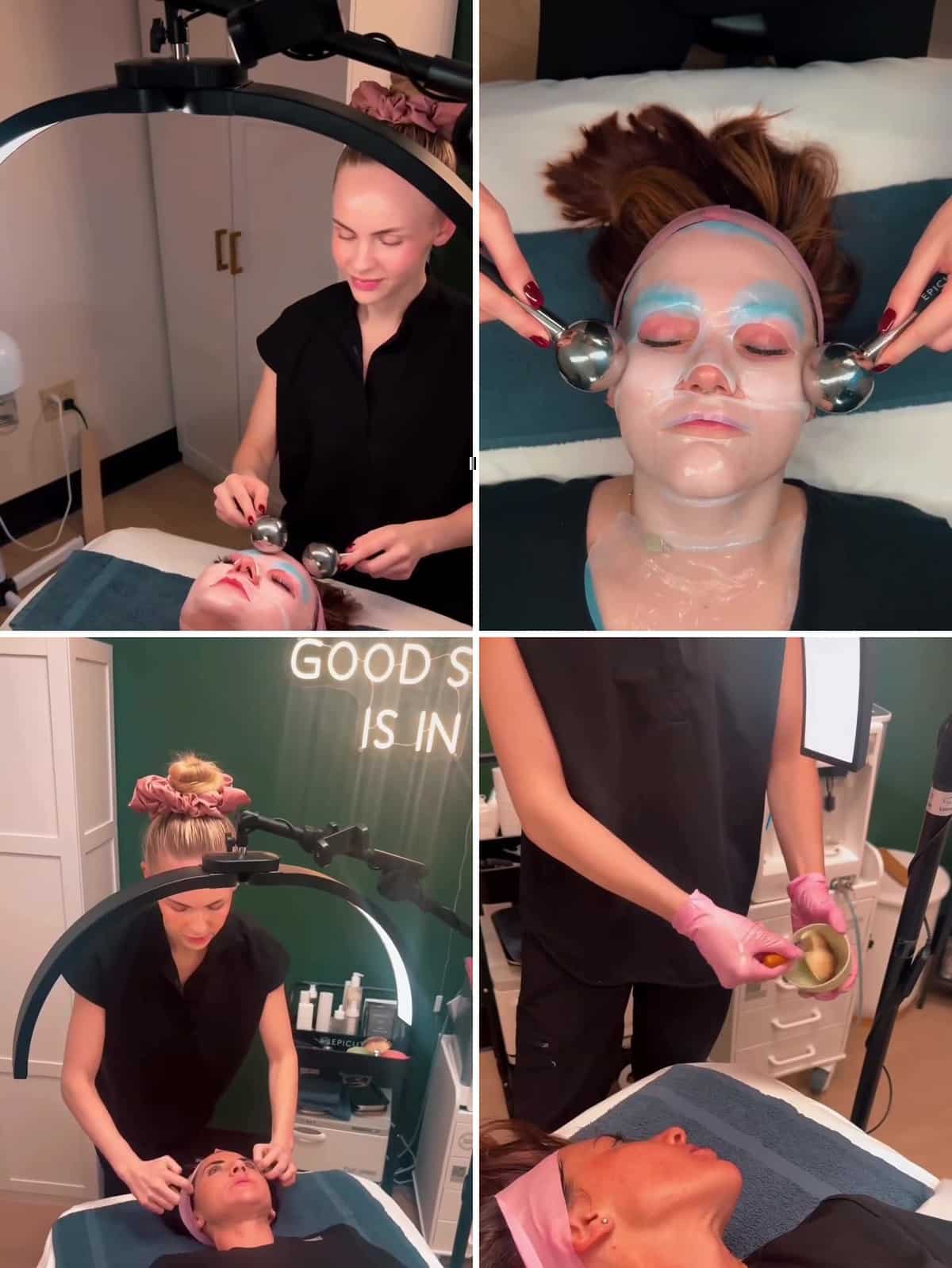 Four photos from Epicutis skincare training at Nervana Medical in Sandy, UT: an Epicutis educator treating our estheticians and team to facials with cooling facial globes and a sheet mask in our treatment rooms
