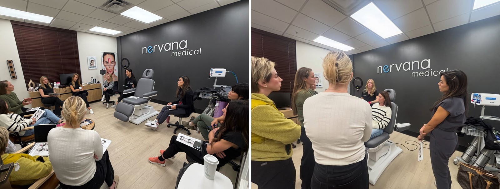 Two photos from our in-clinic GAIN injector training in Sandy, UT: our aesthetic injectors seated in a circle in a Nervana Medical treatment room, and gathered around the treatment chair for a live demonstration