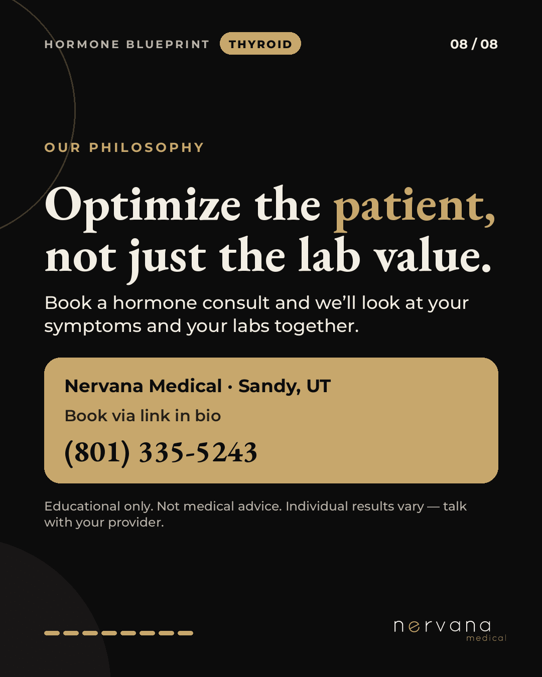 Nervana Medical slide: optimize the patient, not just the lab value, with Sandy, UT consult details for thyroid labs review